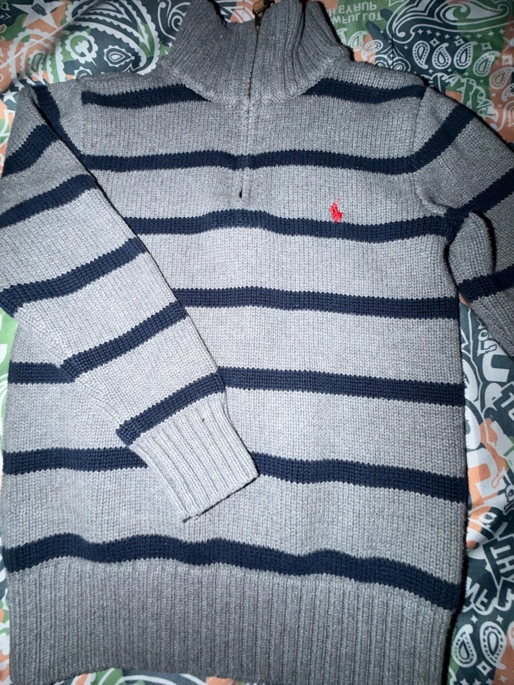 Ralph Lauren Kids Gray and Navy Striped Zip-Neck Sweater with classic Red Logo